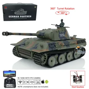 1/16 Scale Henglong 7.0 Plastic RC Tank German Panther 3819 w/ 360Degrees Rotating Turret FPV Steel Gearbox Engine Sound Smoking