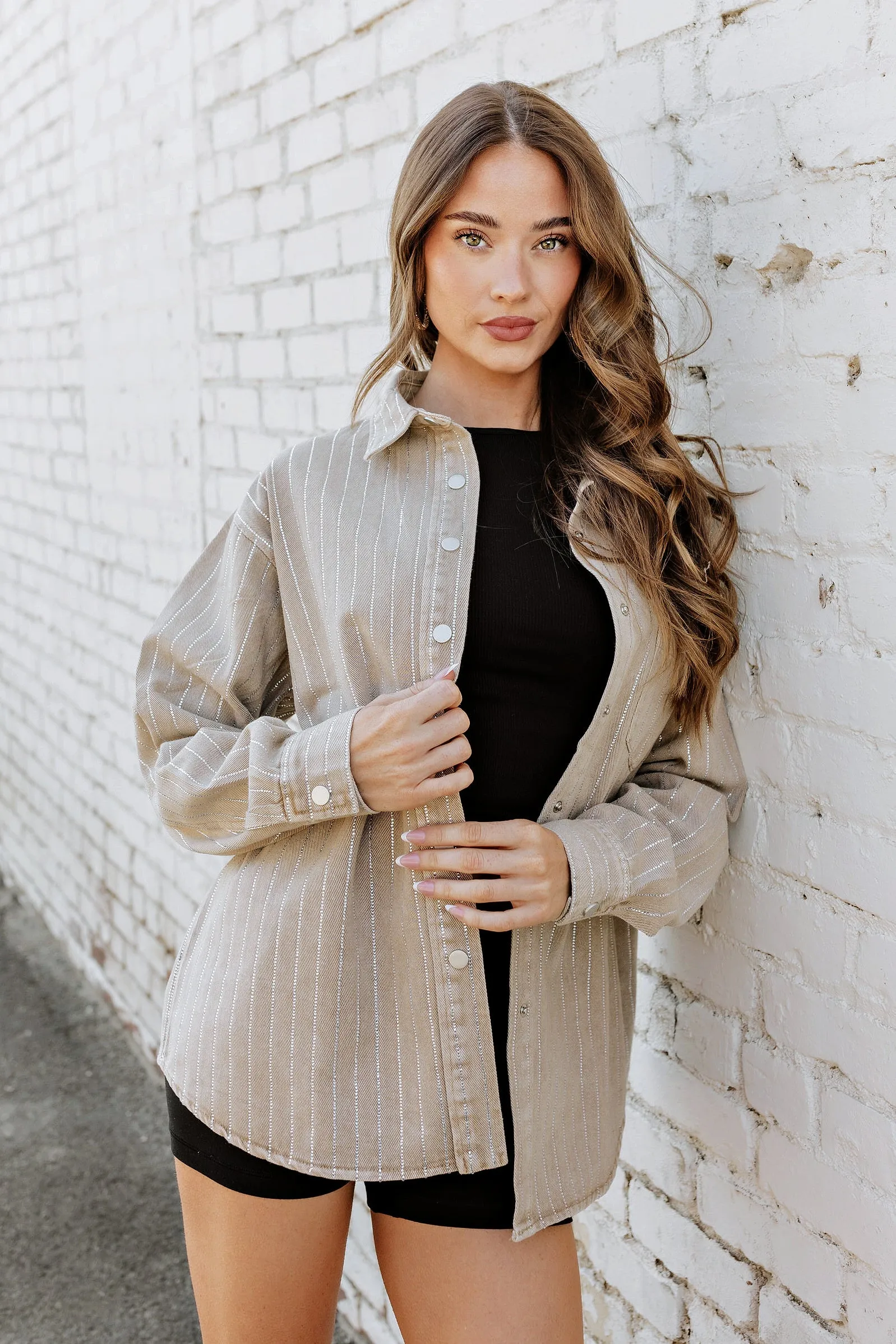 BEST SELLER!! Crystal Striped Denim Shacket in Beige