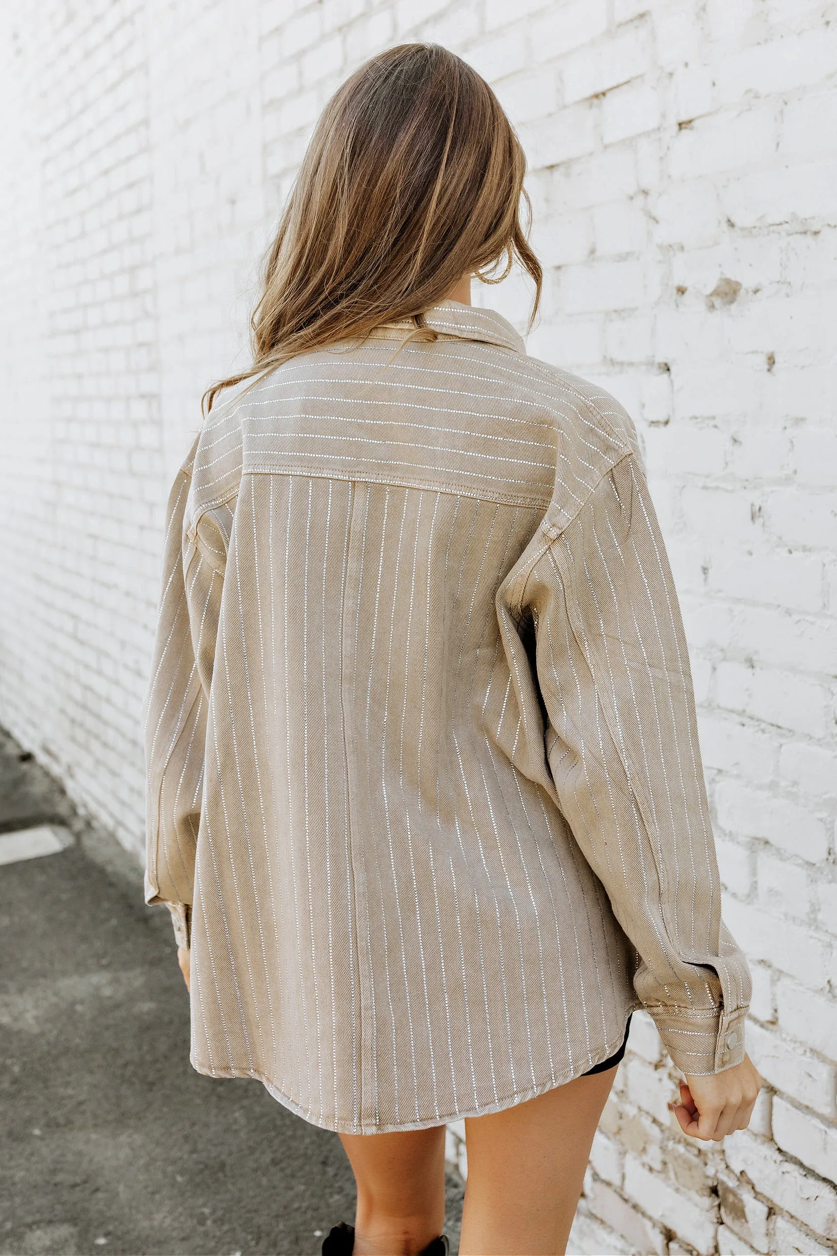 BEST SELLER!! Crystal Striped Denim Shacket in Beige