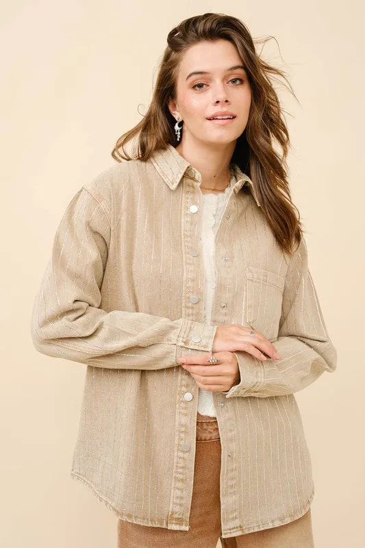 BEST SELLER!! Crystal Striped Denim Shacket in Beige