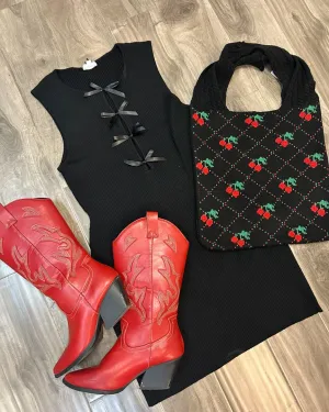 Black Coquette Ribbed Knit Bow Front Sleeveless Mini Dress