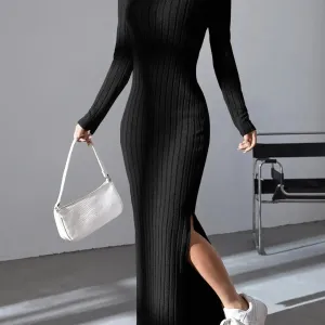Black Temperament Pit Strip Slimming Dress - V-neck Knit Wrap