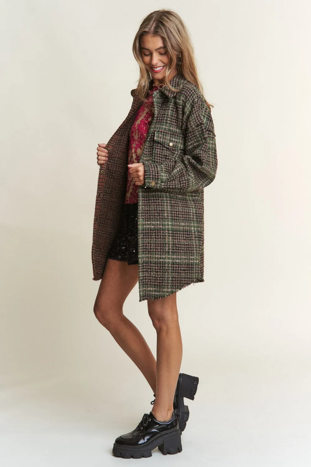 Blue Zone Planet |  J.NNA Snap Down Tweed Plaid Contrast  Longline Shacket