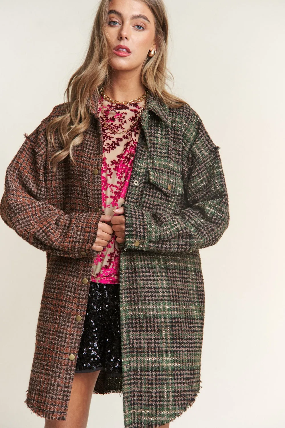 Blue Zone Planet |  J.NNA Snap Down Tweed Plaid Contrast  Longline Shacket
