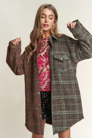 Blue Zone Planet |  J.NNA Snap Down Tweed Plaid Contrast  Longline Shacket
