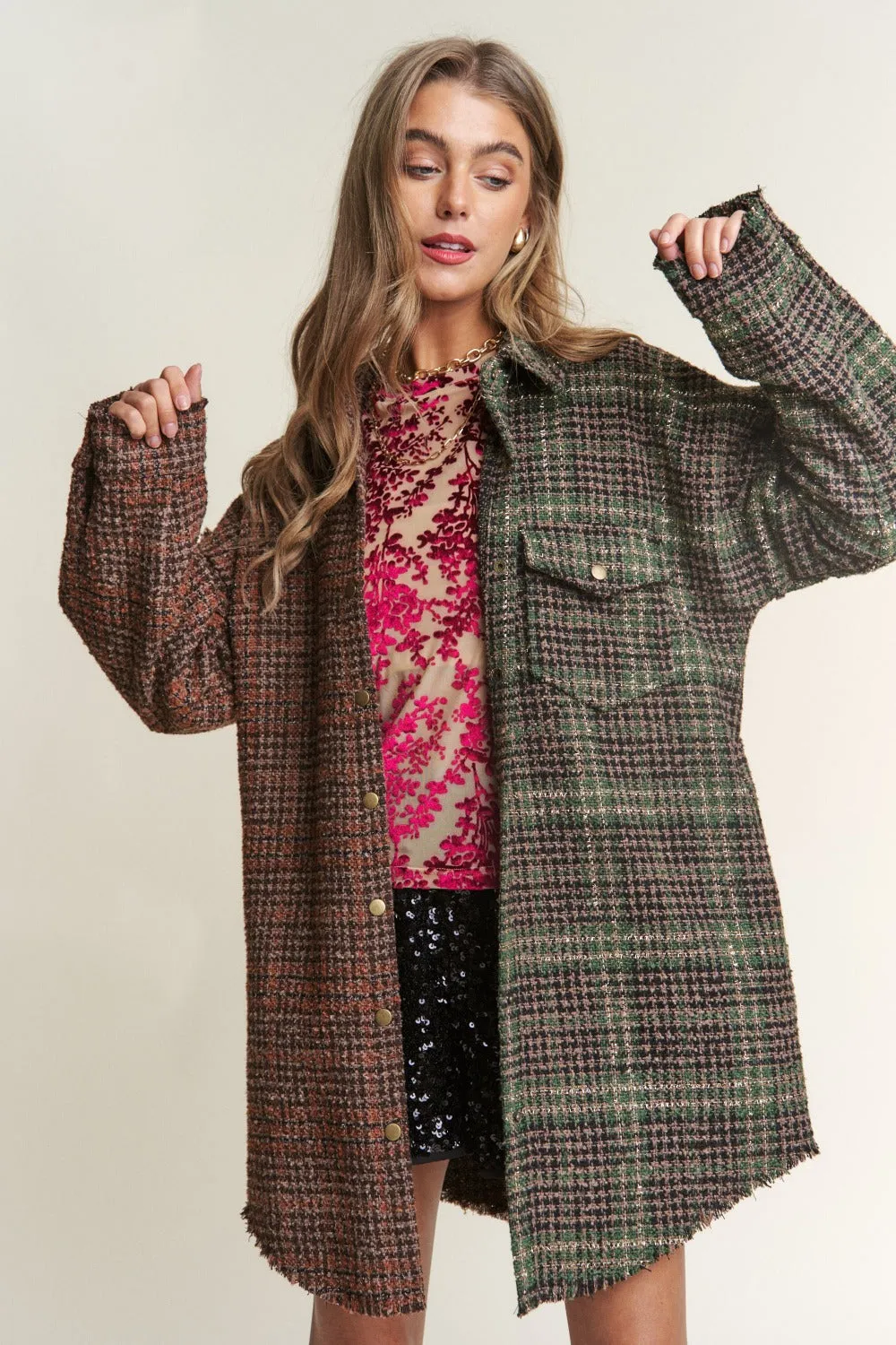 Blue Zone Planet |  J.NNA Snap Down Tweed Plaid Contrast  Longline Shacket