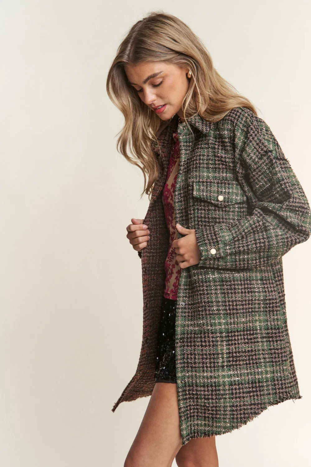 Blue Zone Planet |  J.NNA Snap Down Tweed Plaid Contrast  Longline Shacket