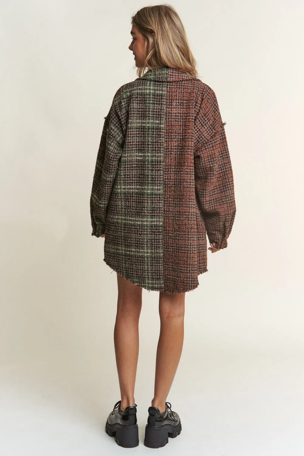 Blue Zone Planet |  J.NNA Snap Down Tweed Plaid Contrast  Longline Shacket