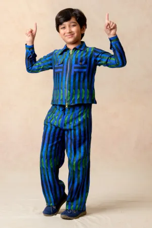 Boy's Blue Silk Stripes Print Shacket Set - Thetaa