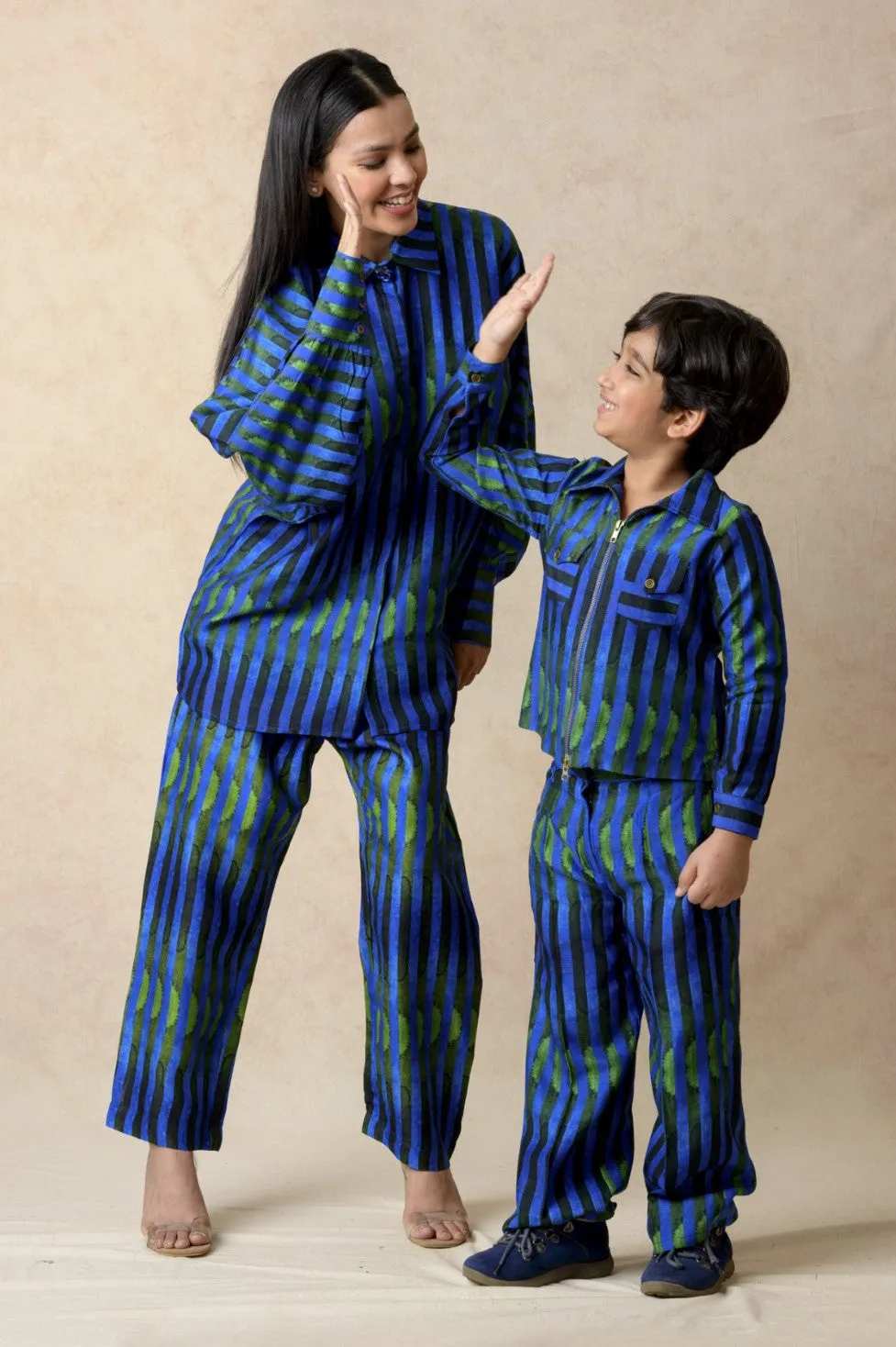 Boy's Blue Silk Stripes Print Shacket Set - Thetaa
