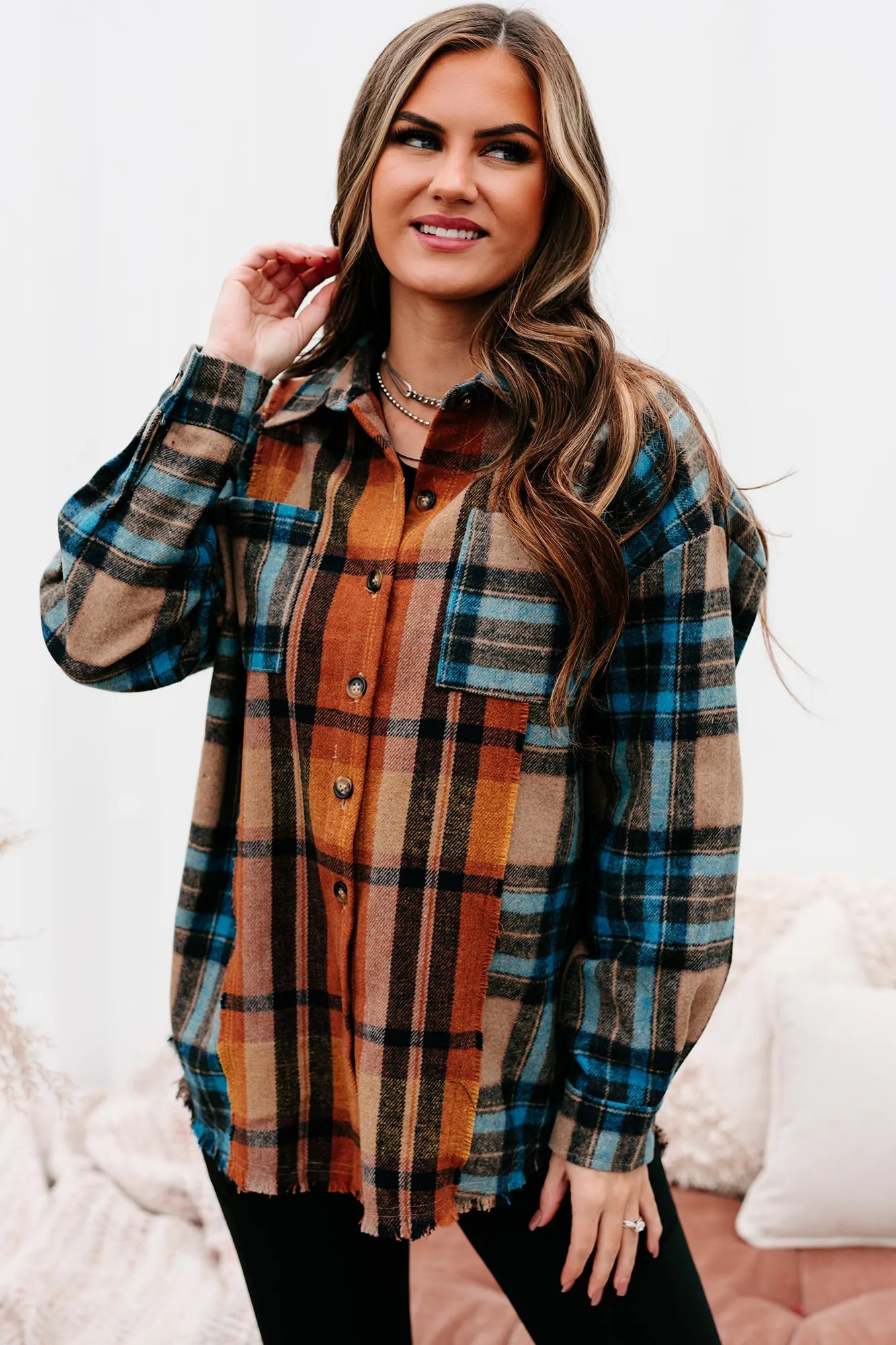 Campfire Evenings Oversized Plaid Shacket (Blue Brown)