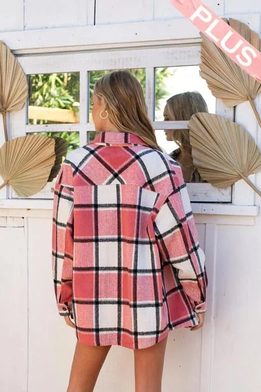 Confident Pink Plaid Curvy Shacket