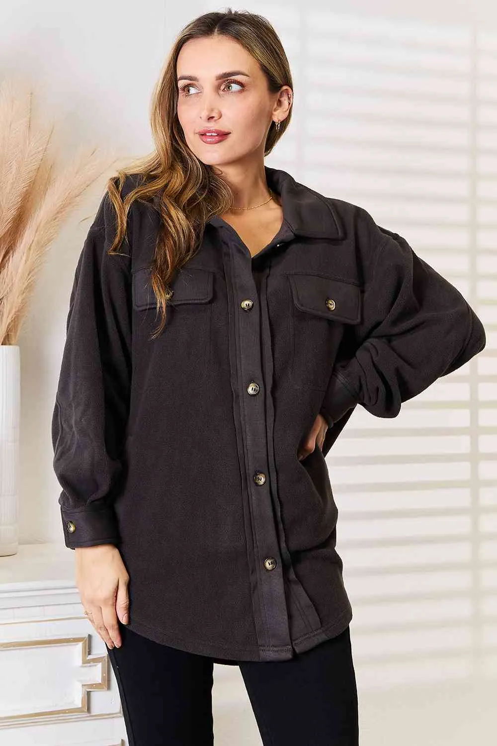 Cozy Girl  Button Down Shacket in Charcoal