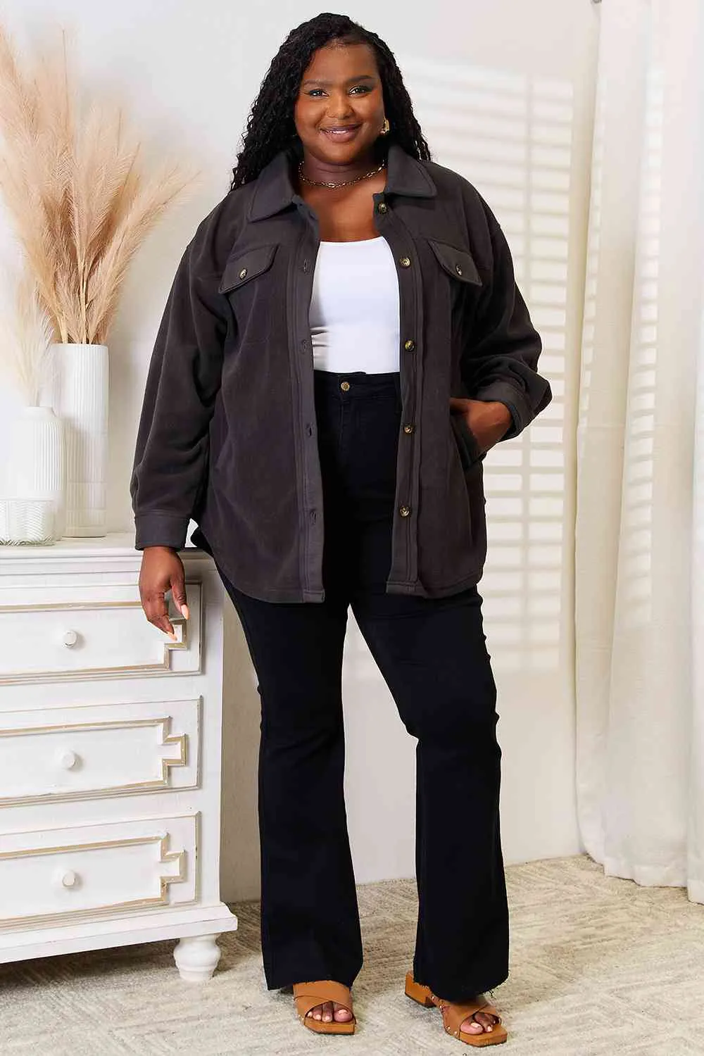Cozy Girl  Button Down Shacket in Charcoal