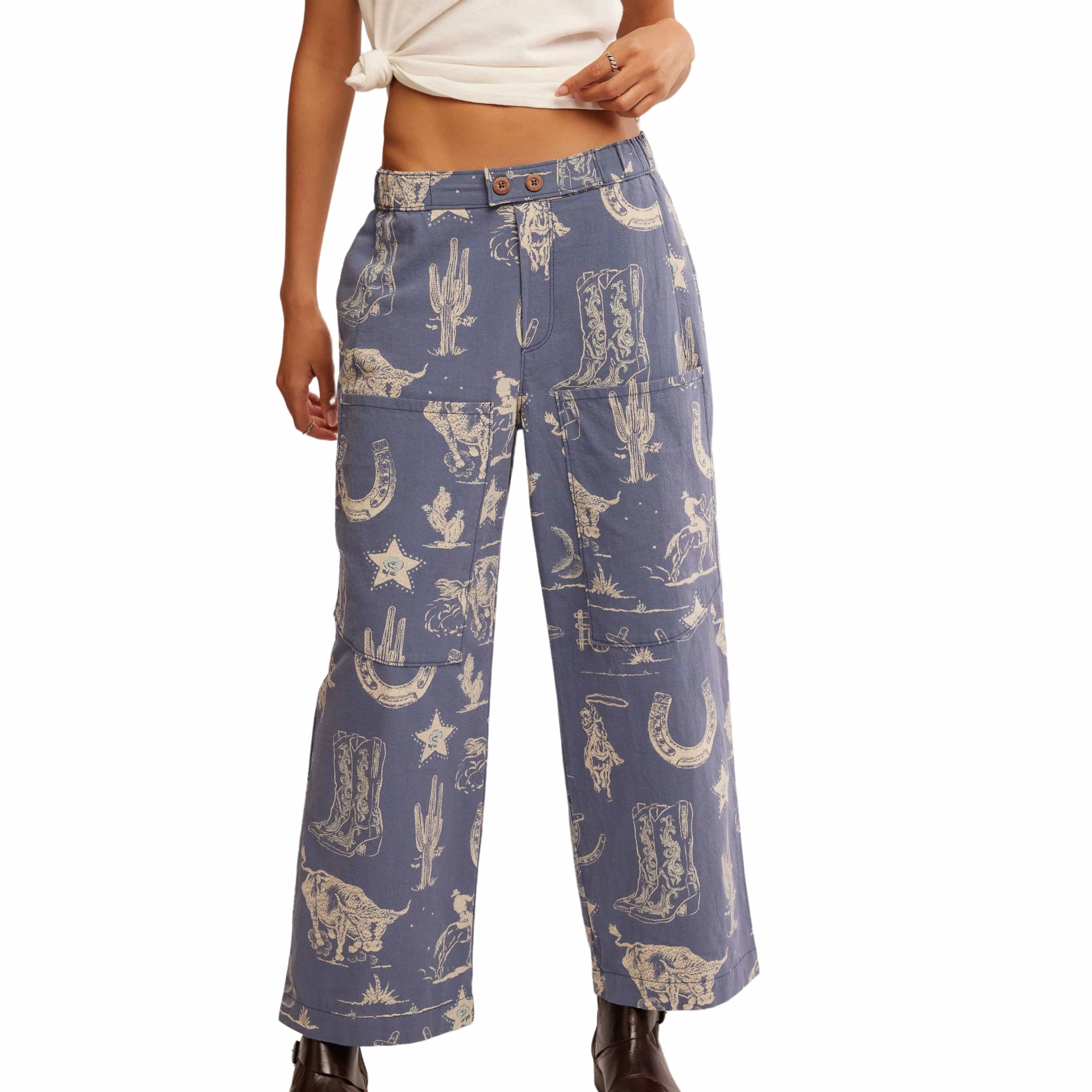 Free People Seaside Pull-On Trousers In Indigo Combo