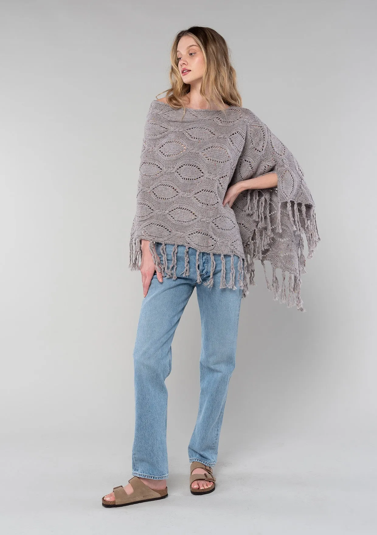 Fringe Angora Blend Cable Yarn Poncho