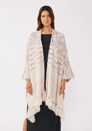 Fuzzy Fringed Open Front Striped Knit Poncho