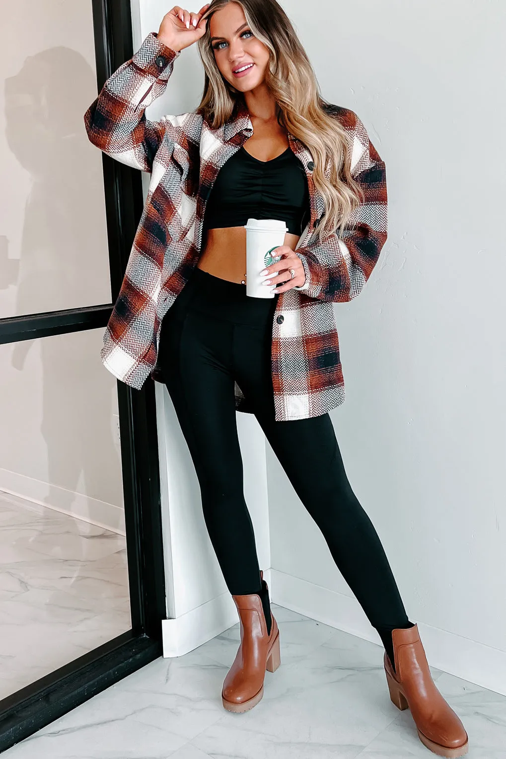 Harvest Time Oversized Plaid Shacket (Brown)