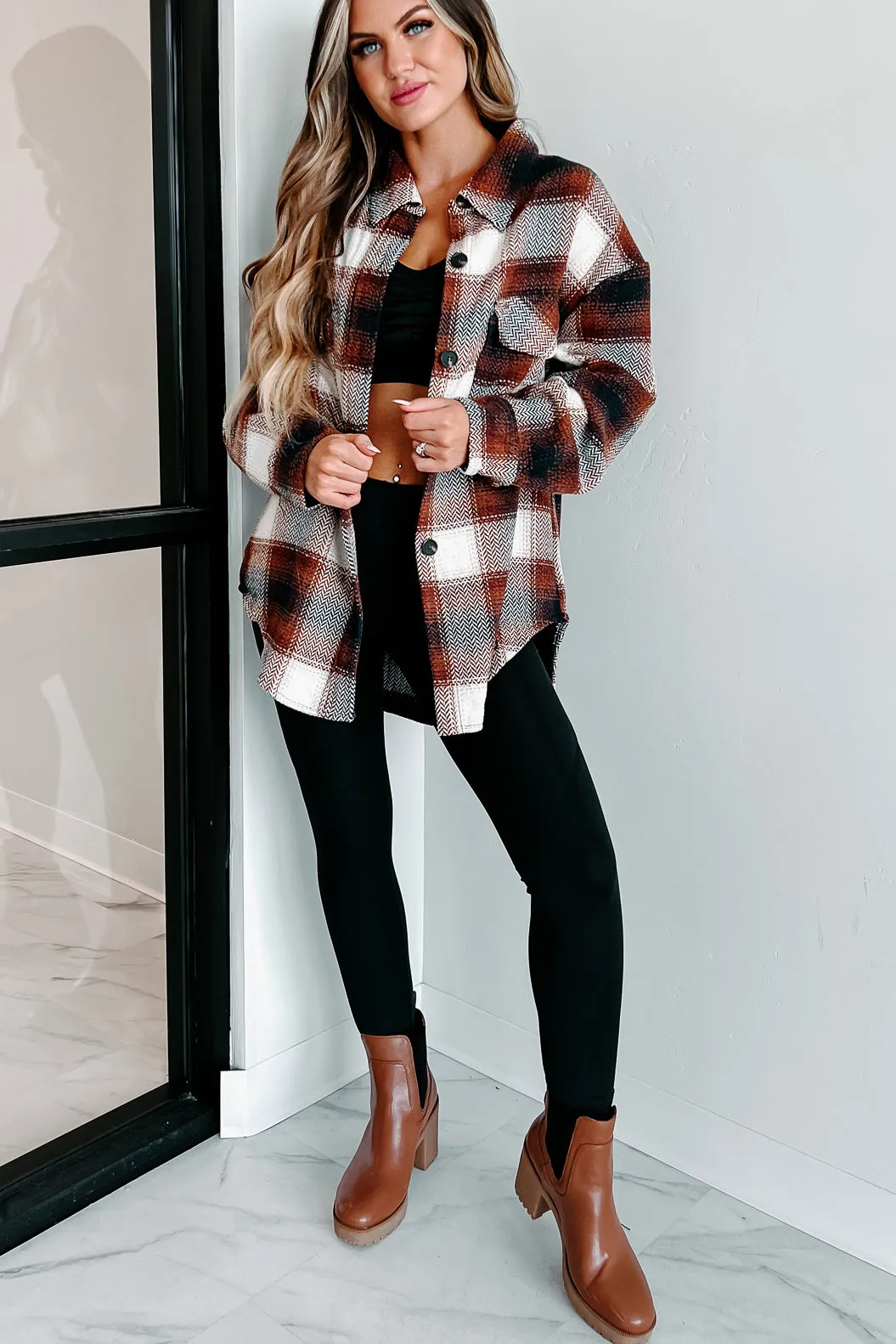 Harvest Time Oversized Plaid Shacket (Brown)