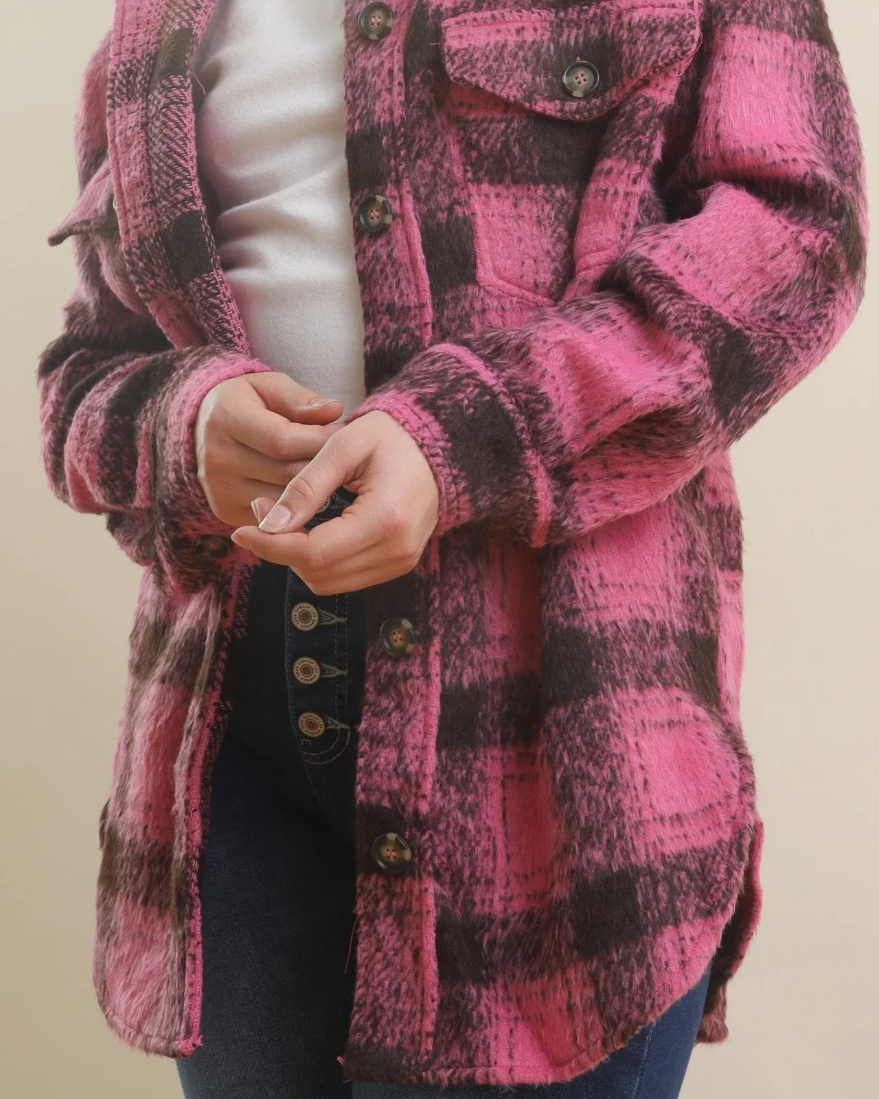 Hot Pink Oversized Long Sleeve Plaid Shacket