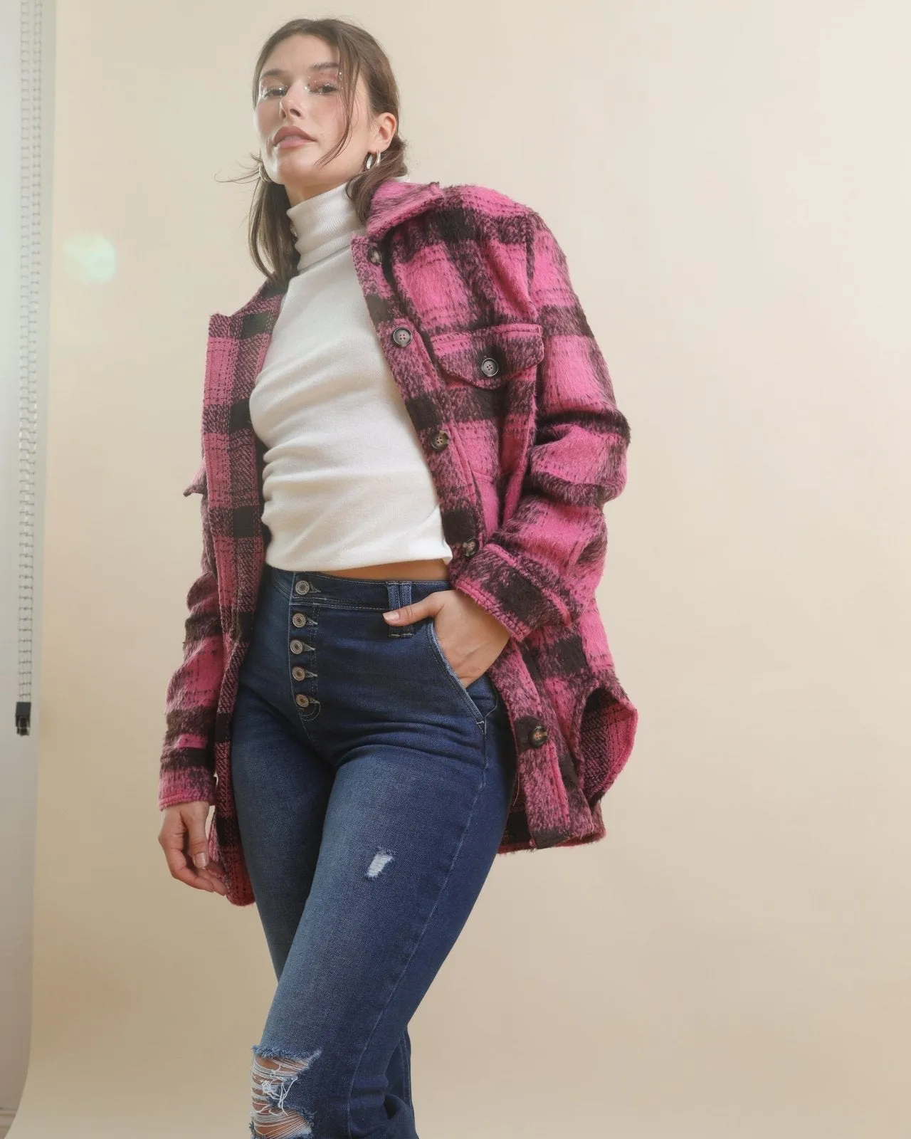Hot Pink Oversized Long Sleeve Plaid Shacket