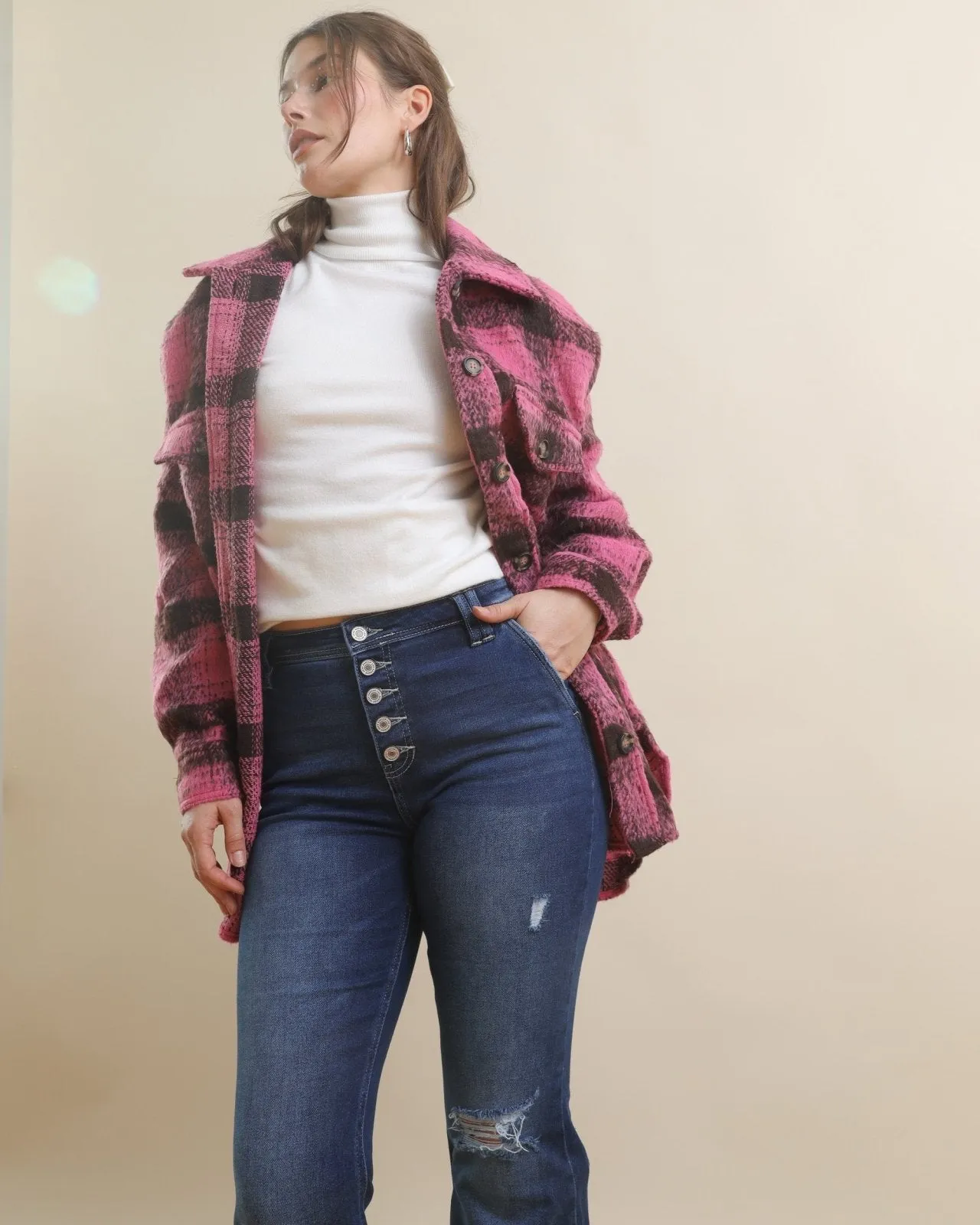 Hot Pink Oversized Long Sleeve Plaid Shacket