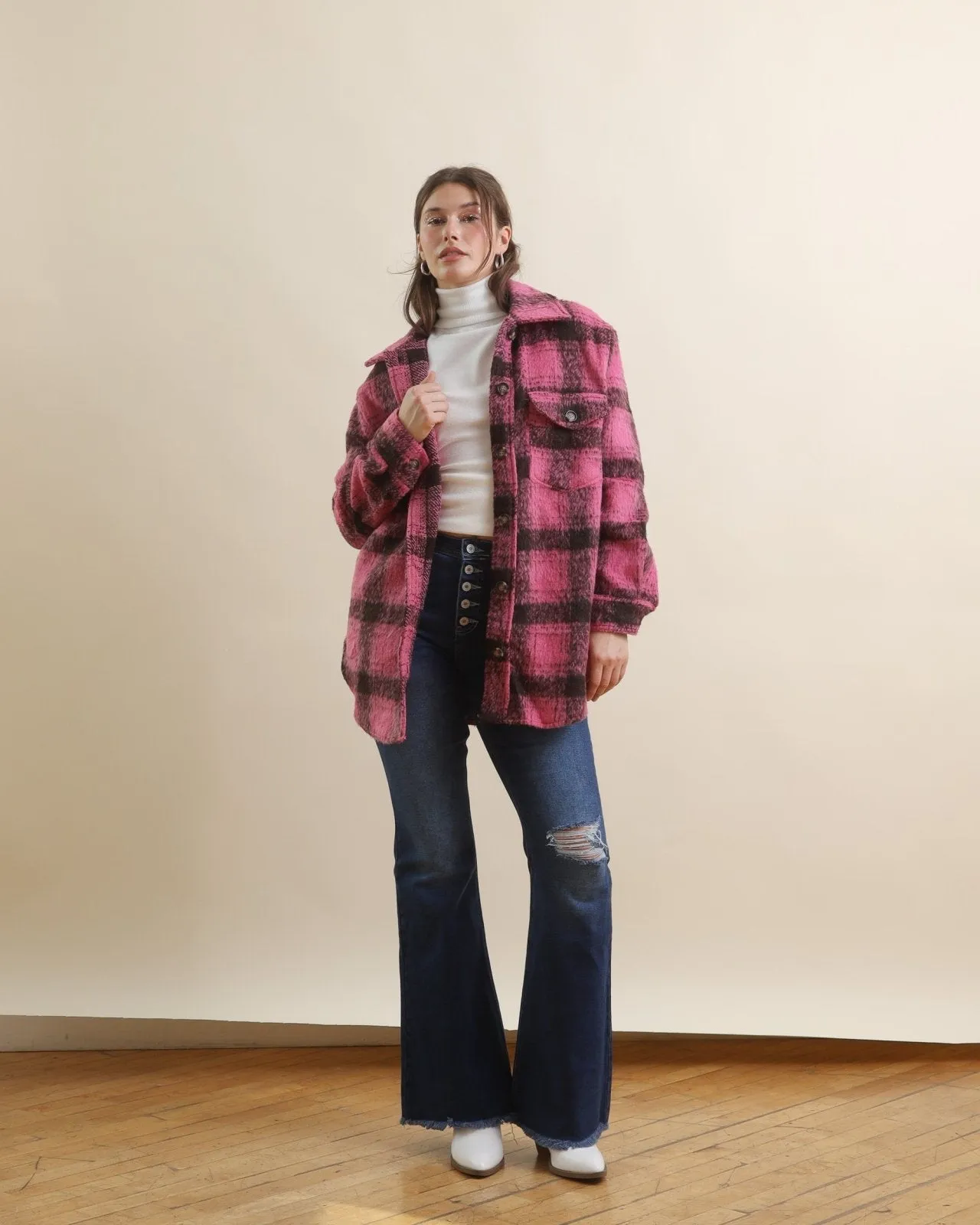 Hot Pink Oversized Long Sleeve Plaid Shacket
