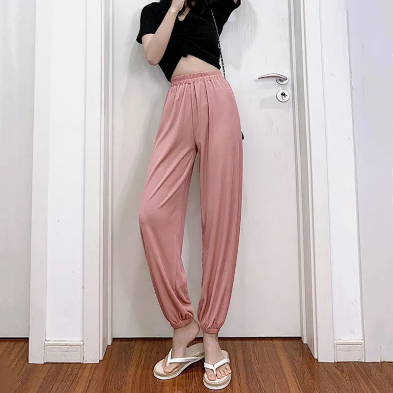 Ice Silk Loose Jogger Lantern Slimming Wide Leg Women Drape Cool INS Casual Pants