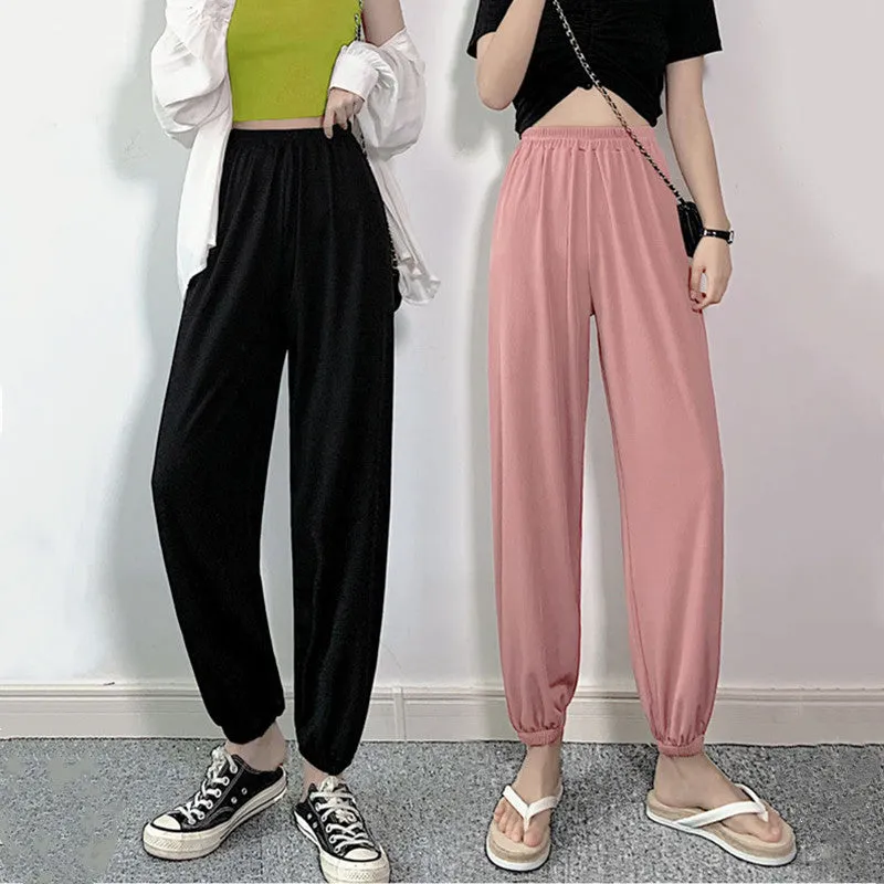 Ice Silk Loose Jogger Lantern Slimming Wide Leg Women Drape Cool INS Casual Pants