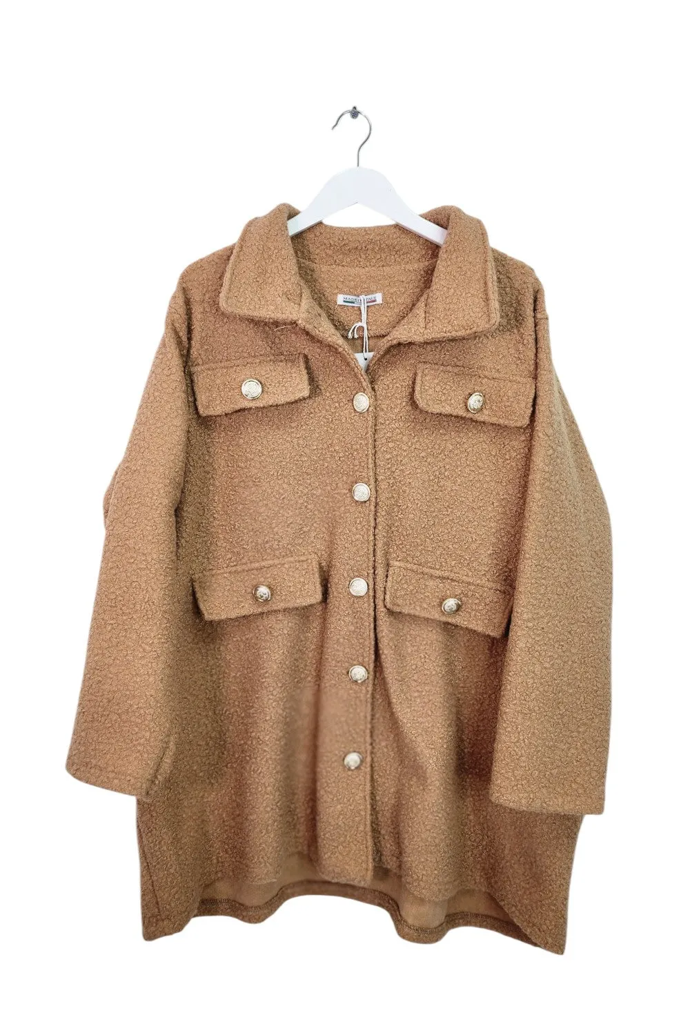 Italian Teddy Boucle Gold Button Fasten Military Style Shacket