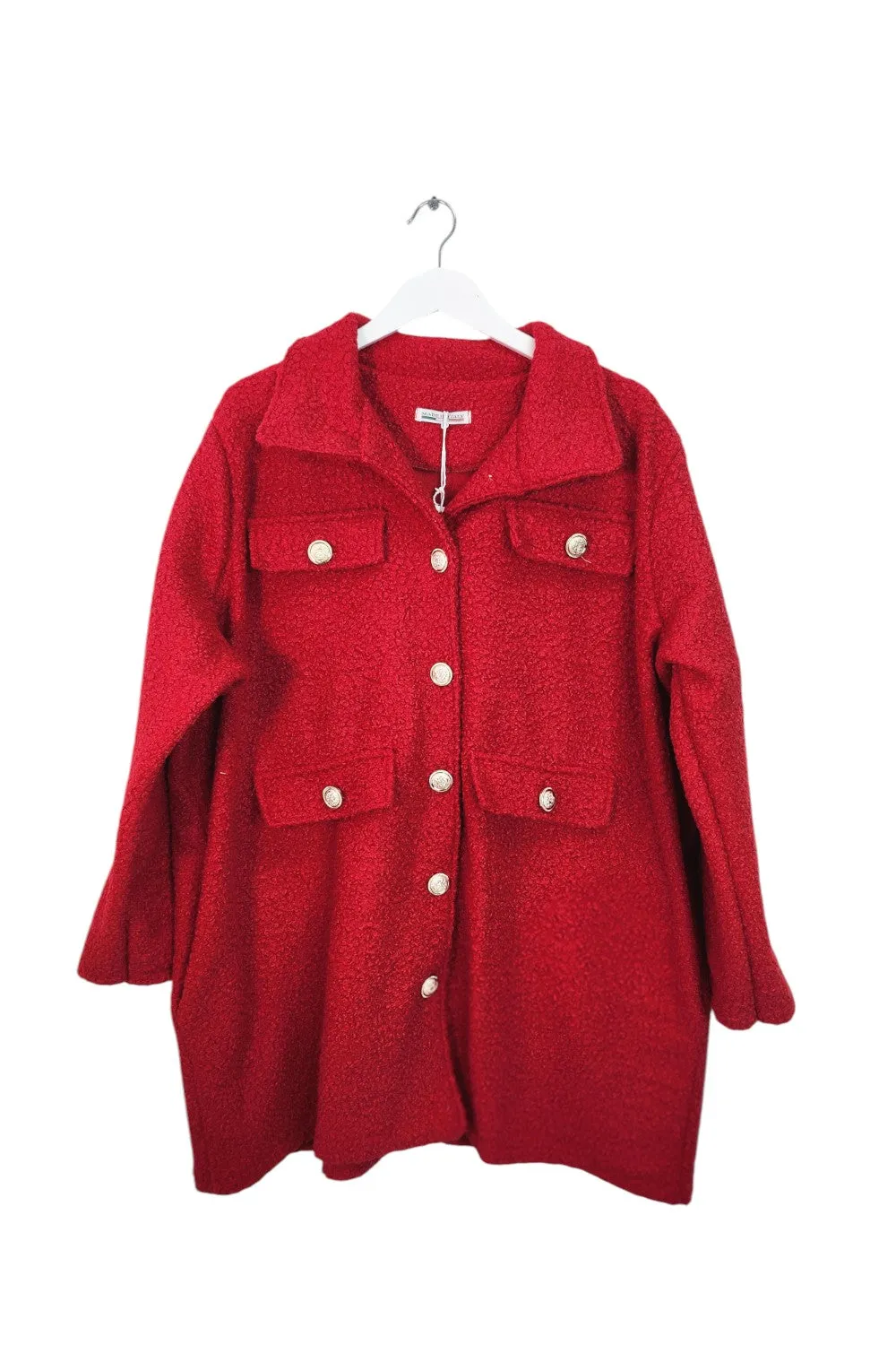 Italian Teddy Boucle Gold Button Fasten Military Style Shacket