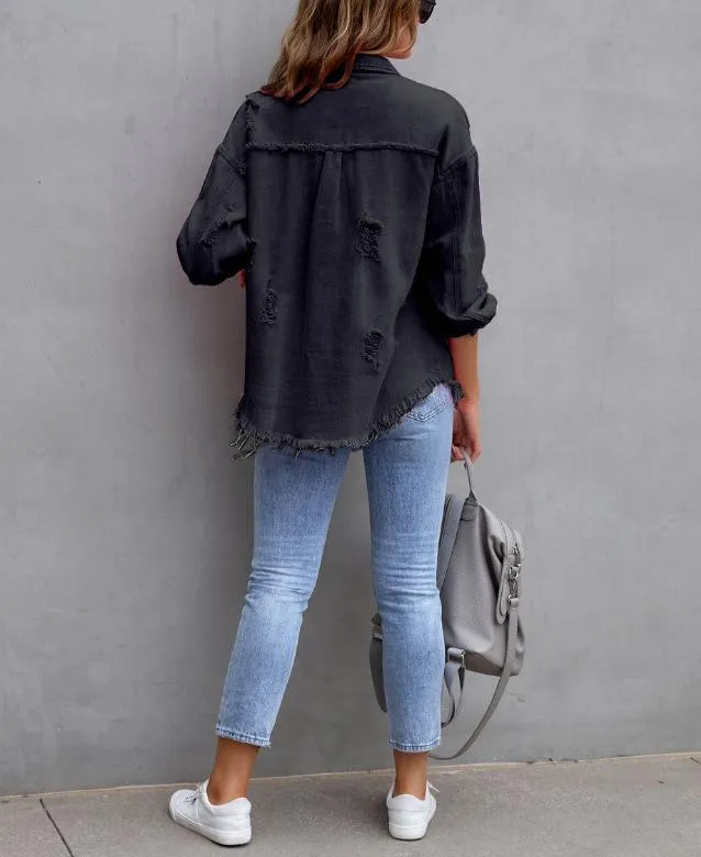 Kimberley – Oversized Frayed Denim Shacket