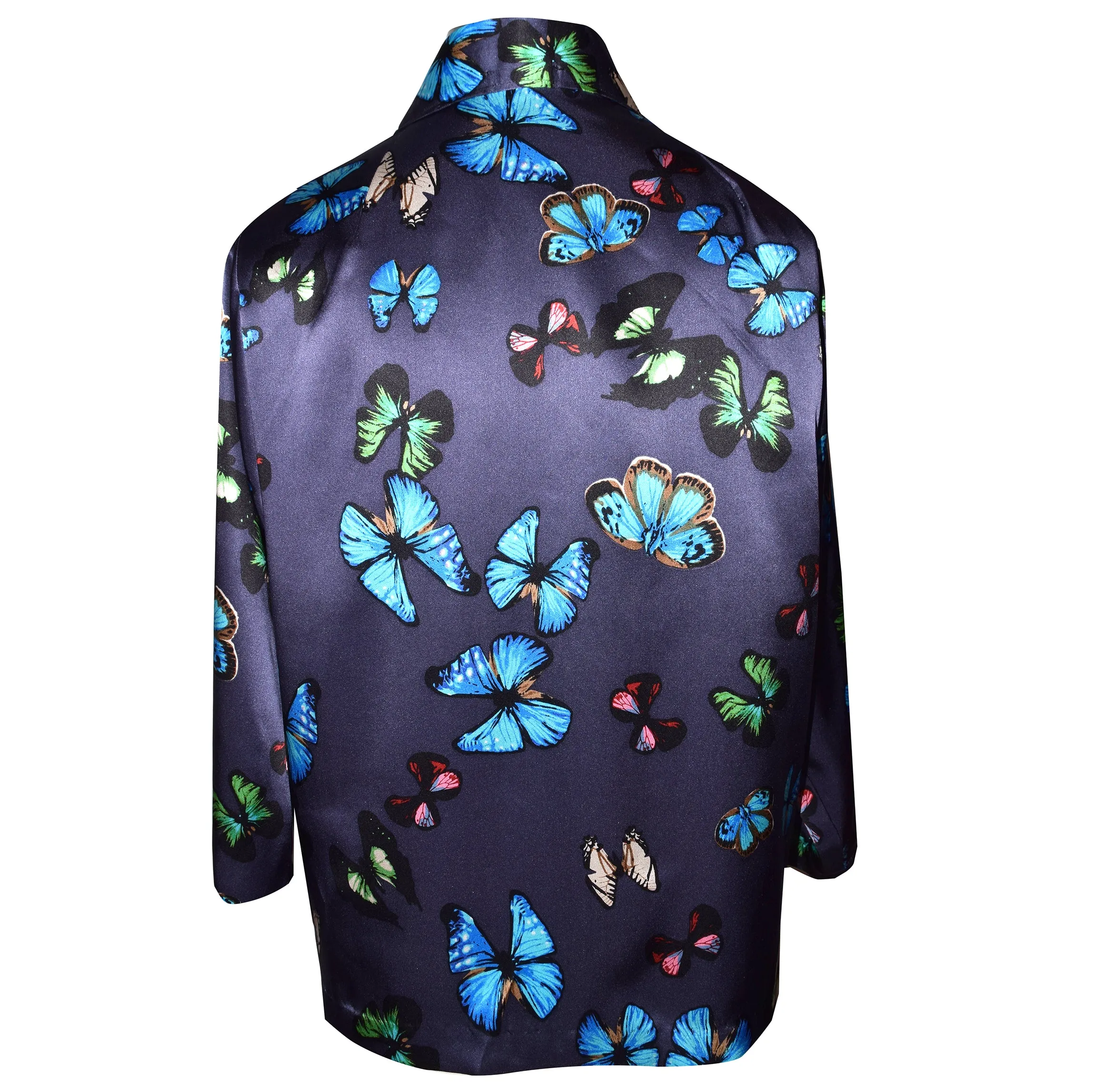 Luxurious Multicolor Butterfly Print on Black Charmeuse Silk Kimono Jacket