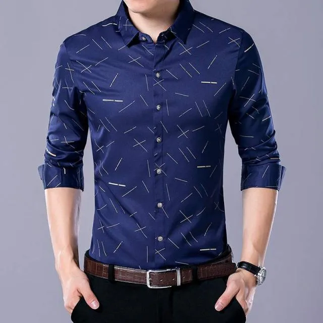 Men Casual Social Long Sleeve Line Designer Shirt