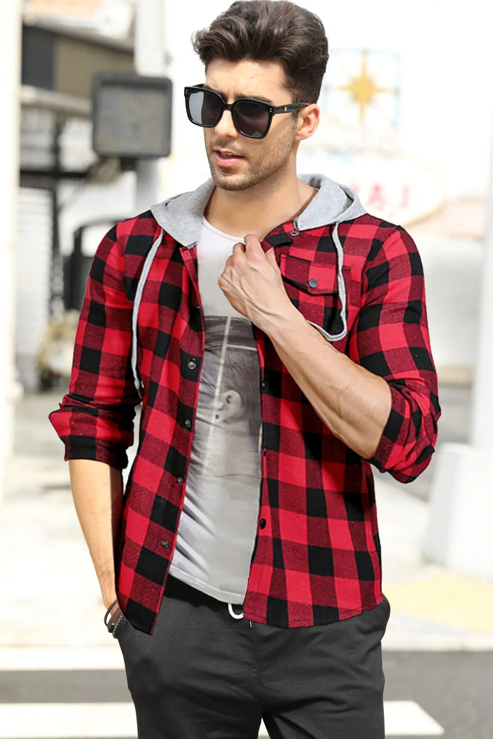 Mens Plaid Printed Drawstring Hooded Shacket