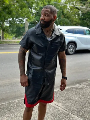 Men's Summer In Miami Leather Shirt And Shorts Set [Black/Red Stripe]