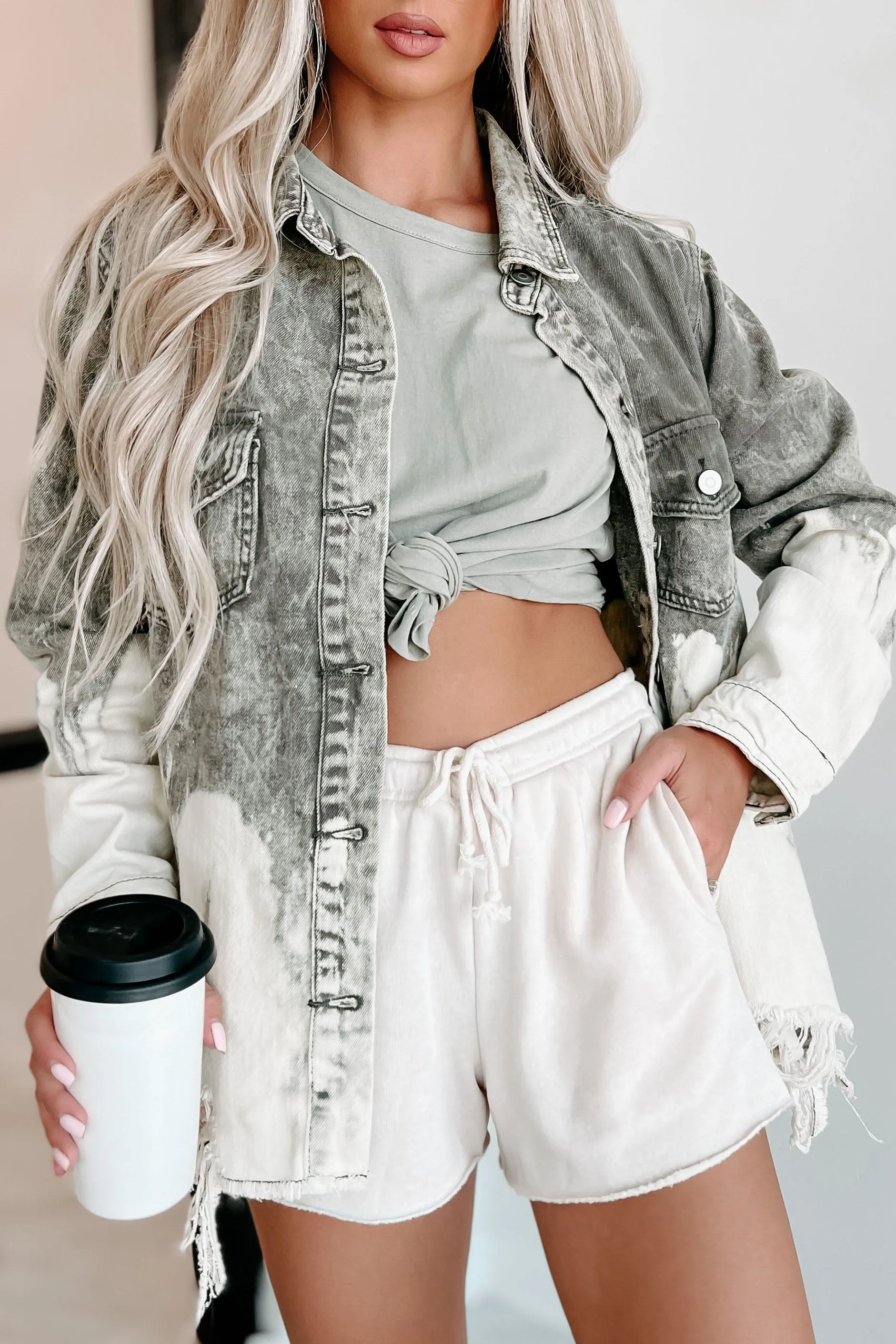 My World Now Tie-Dye Distressed Denim Shacket (Olive)