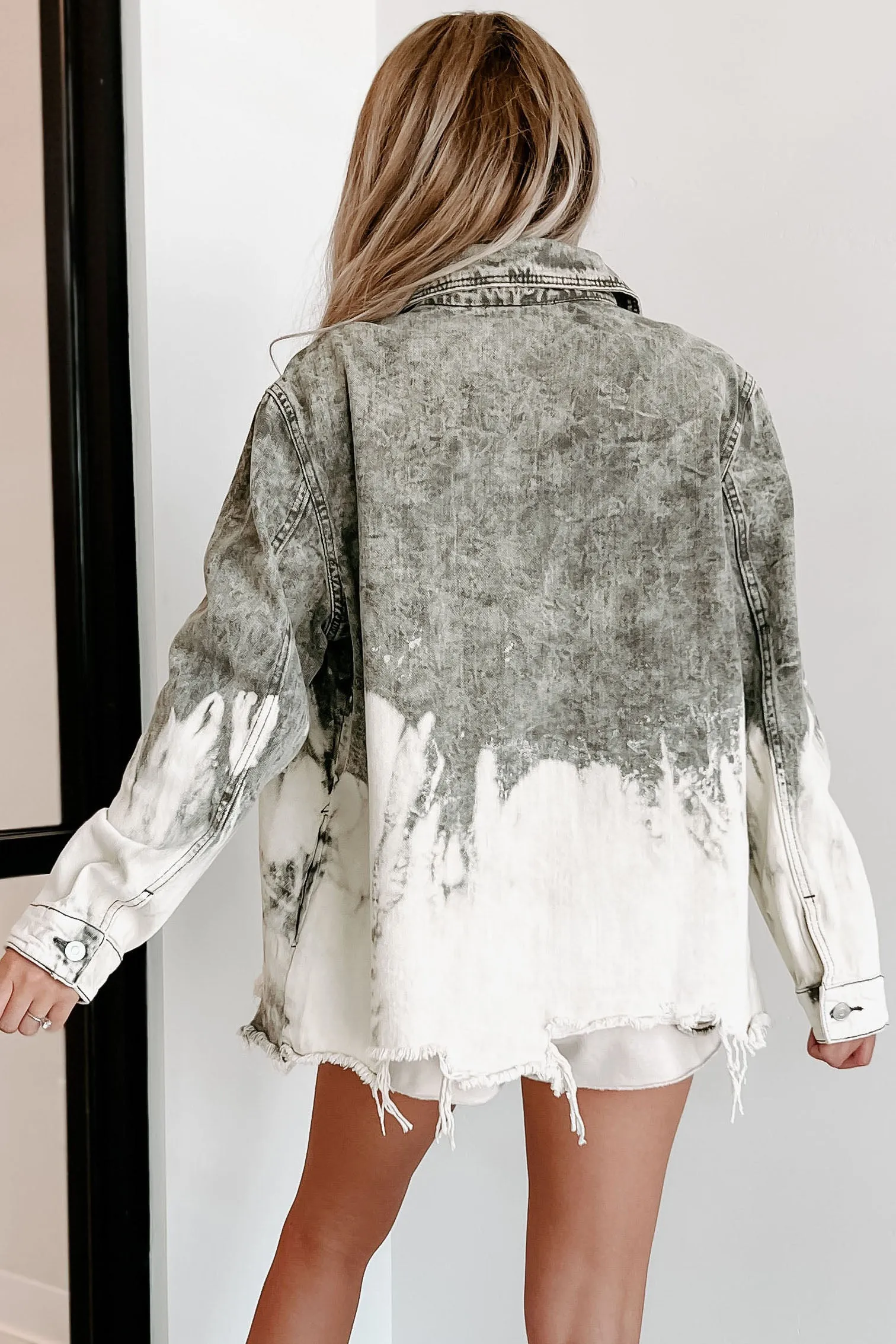 My World Now Tie-Dye Distressed Denim Shacket (Olive)