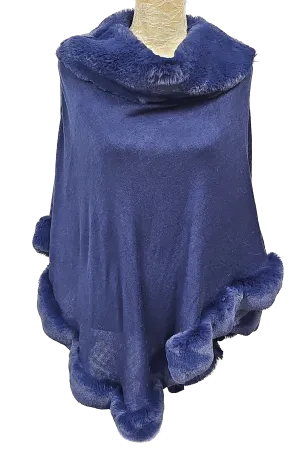 Navy Blue Faux Fur Trim Poncho
