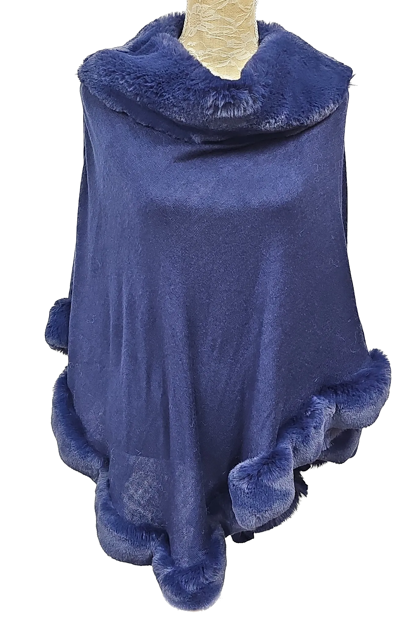 Navy Blue Faux Fur Trim Poncho