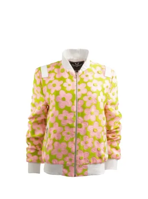 Pink & Lime Daisy Embroidered Bomber Jacket with White Leather Trims
