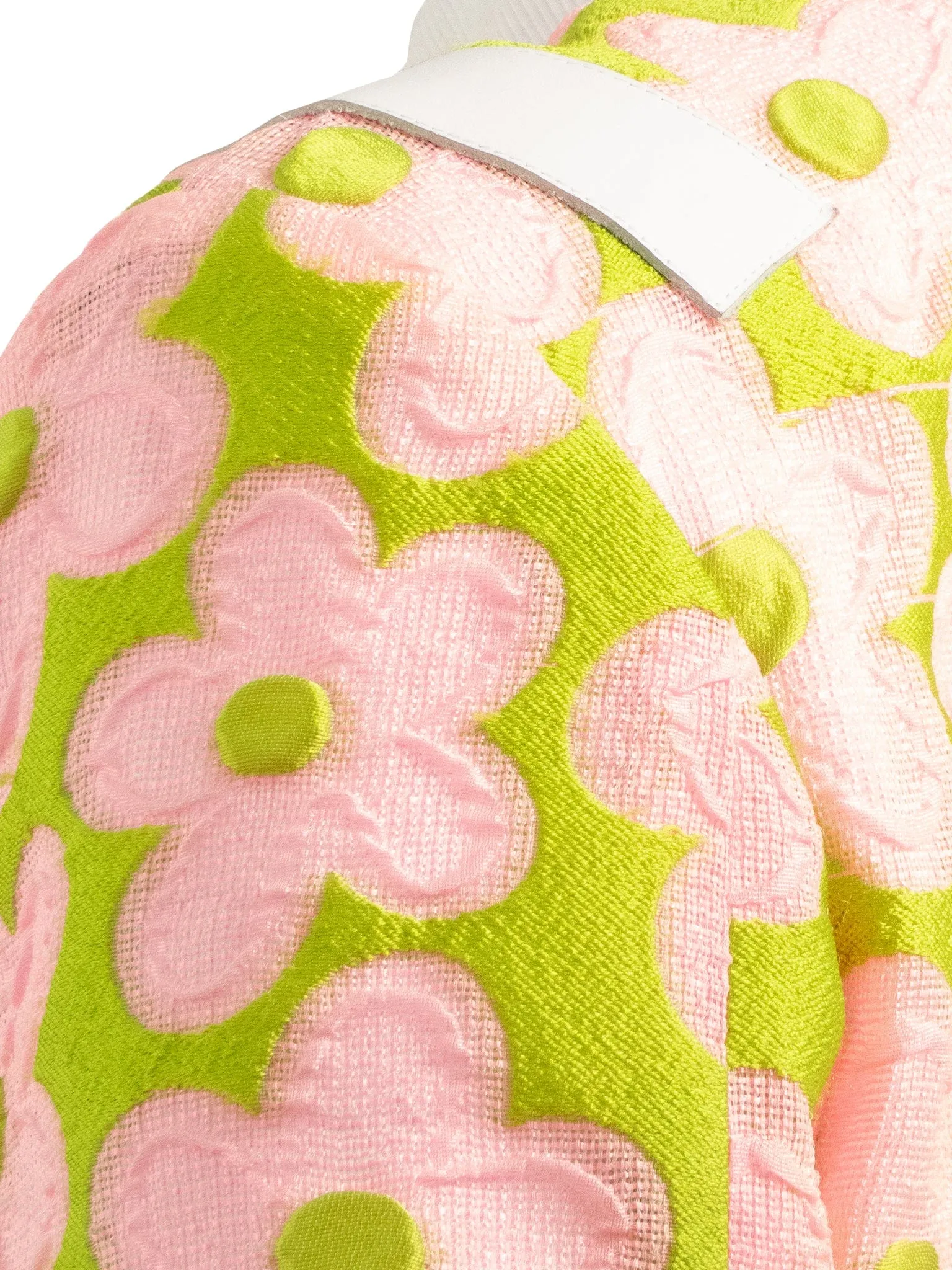 Pink & Lime Daisy Embroidered Bomber Jacket with White Leather Trims