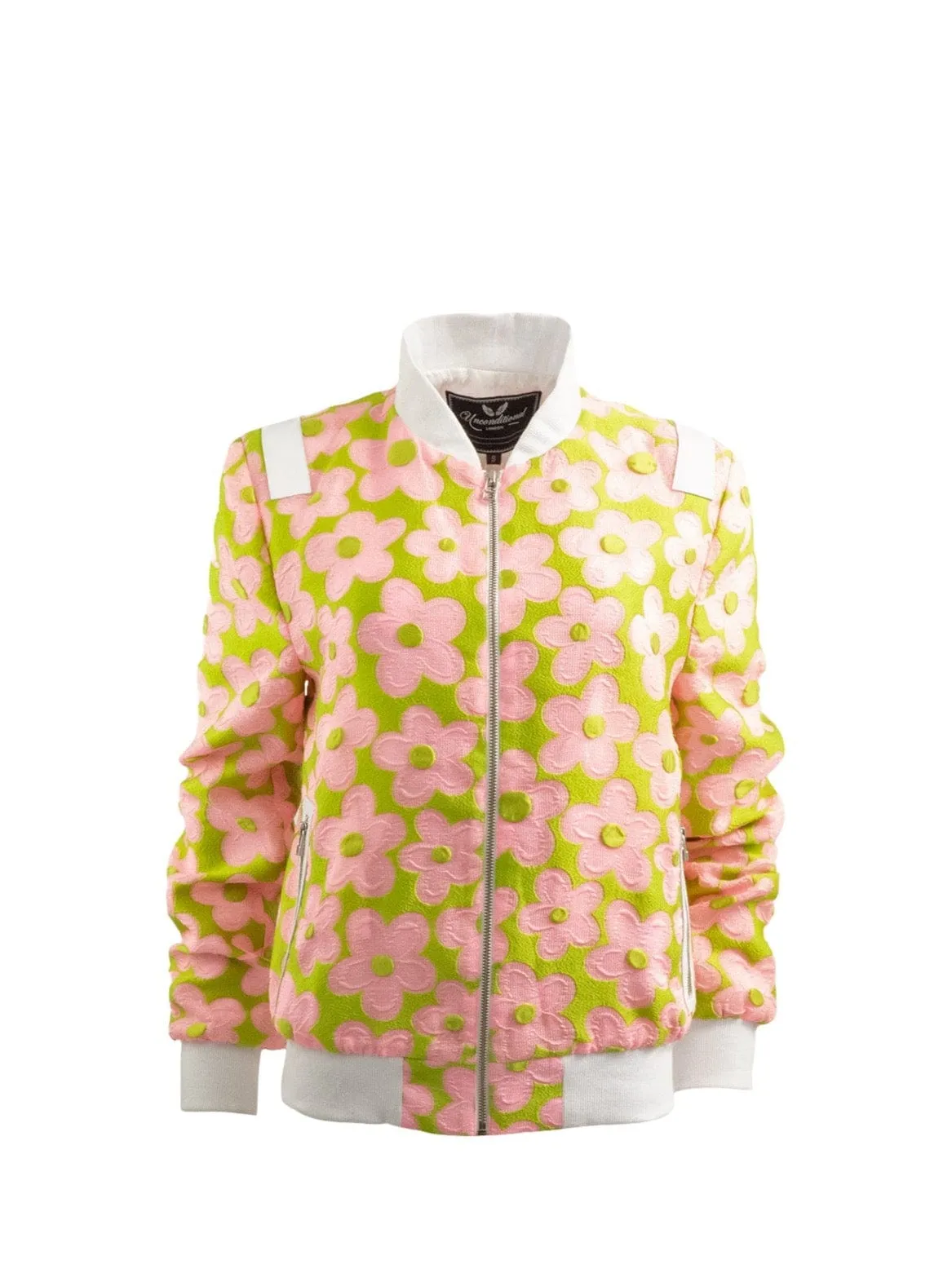 Pink & Lime Daisy Embroidered Bomber Jacket with White Leather Trims