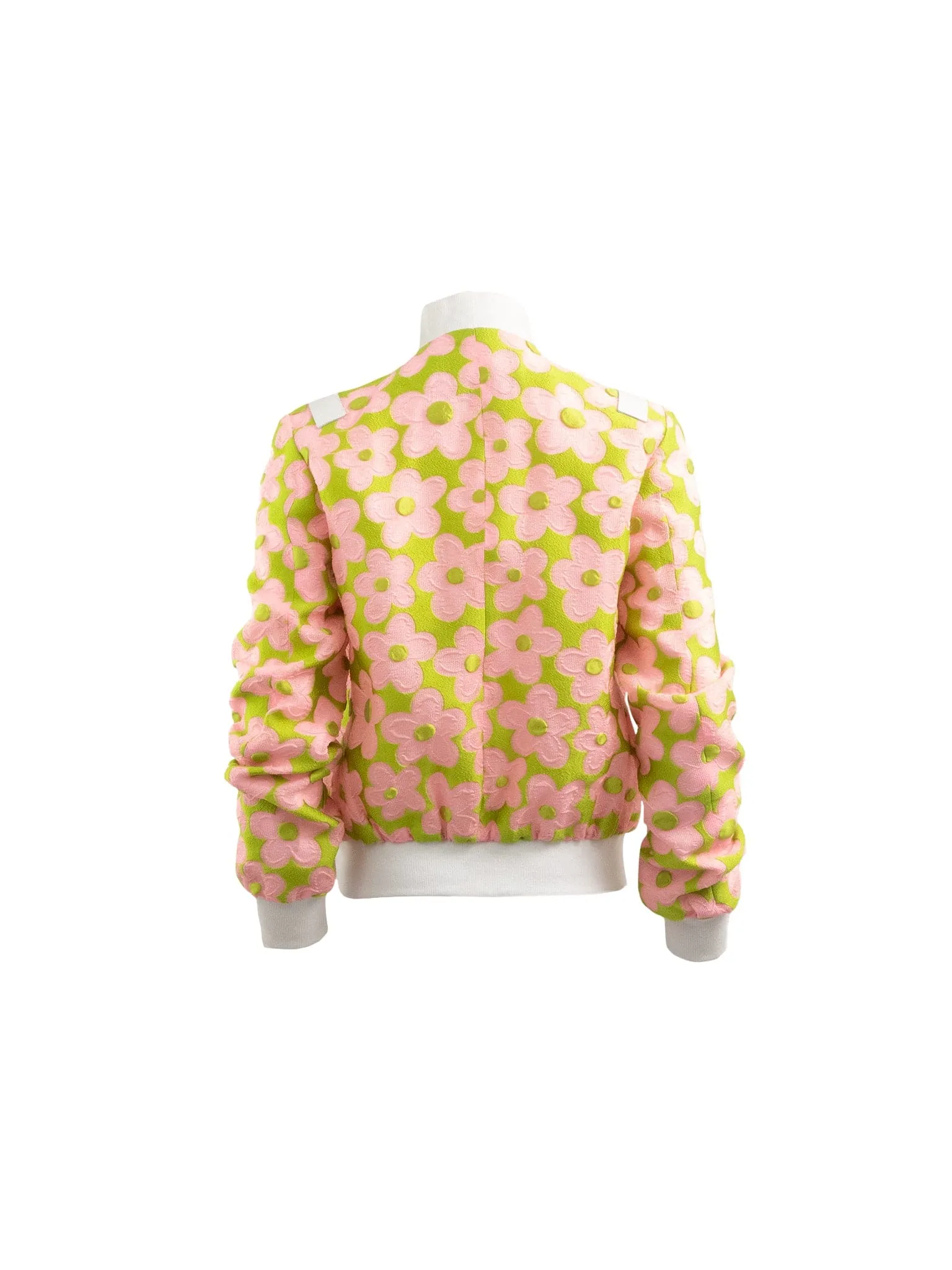 Pink & Lime Daisy Embroidered Bomber Jacket with White Leather Trims