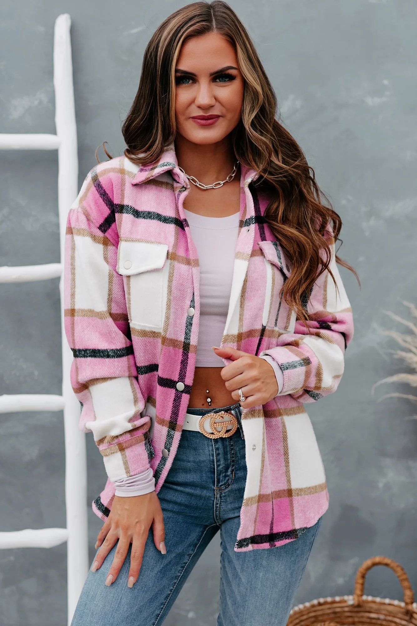 Pink Perfection Plaid Button-Front Shacket (Pink)