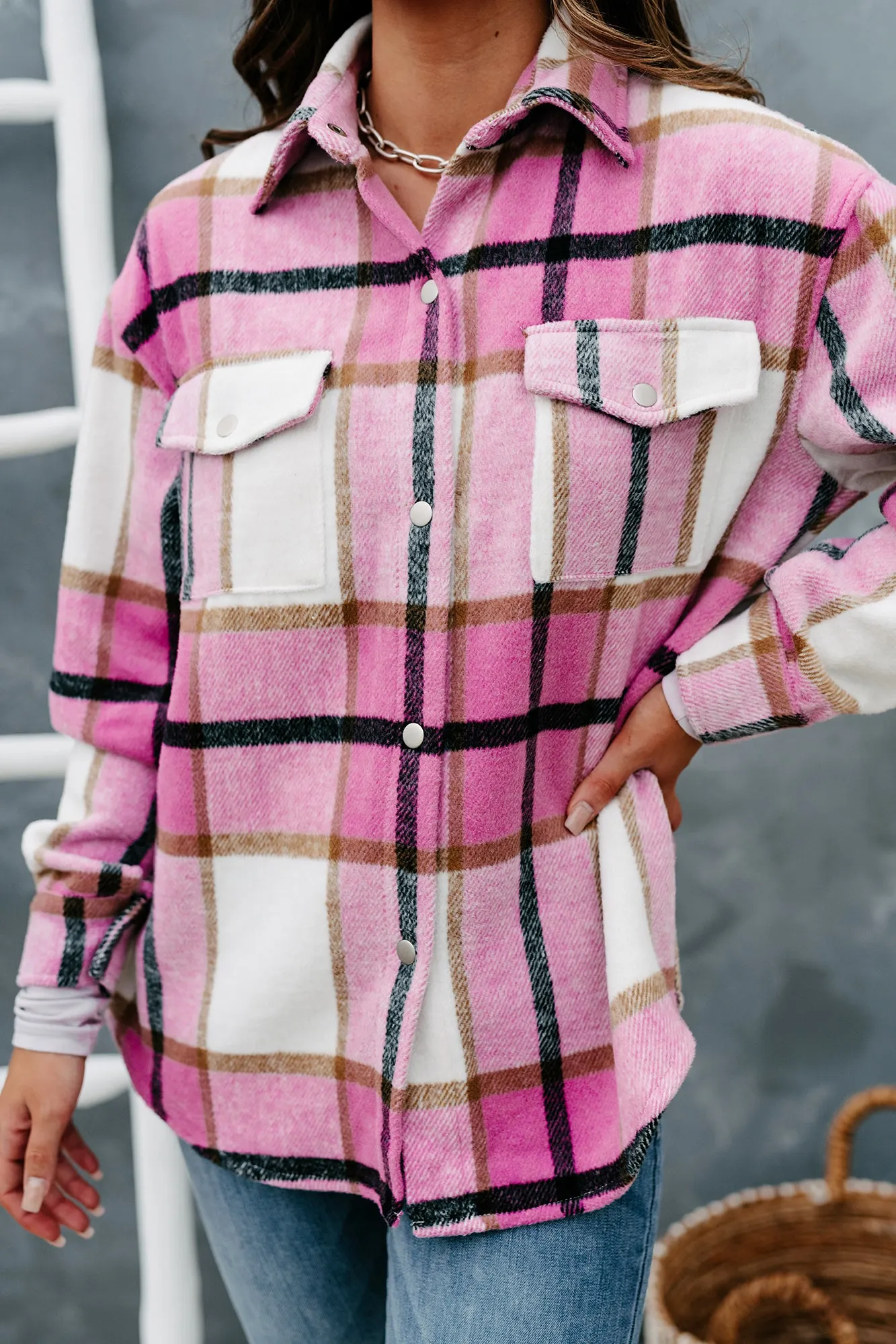 Pink Perfection Plaid Button-Front Shacket (Pink)