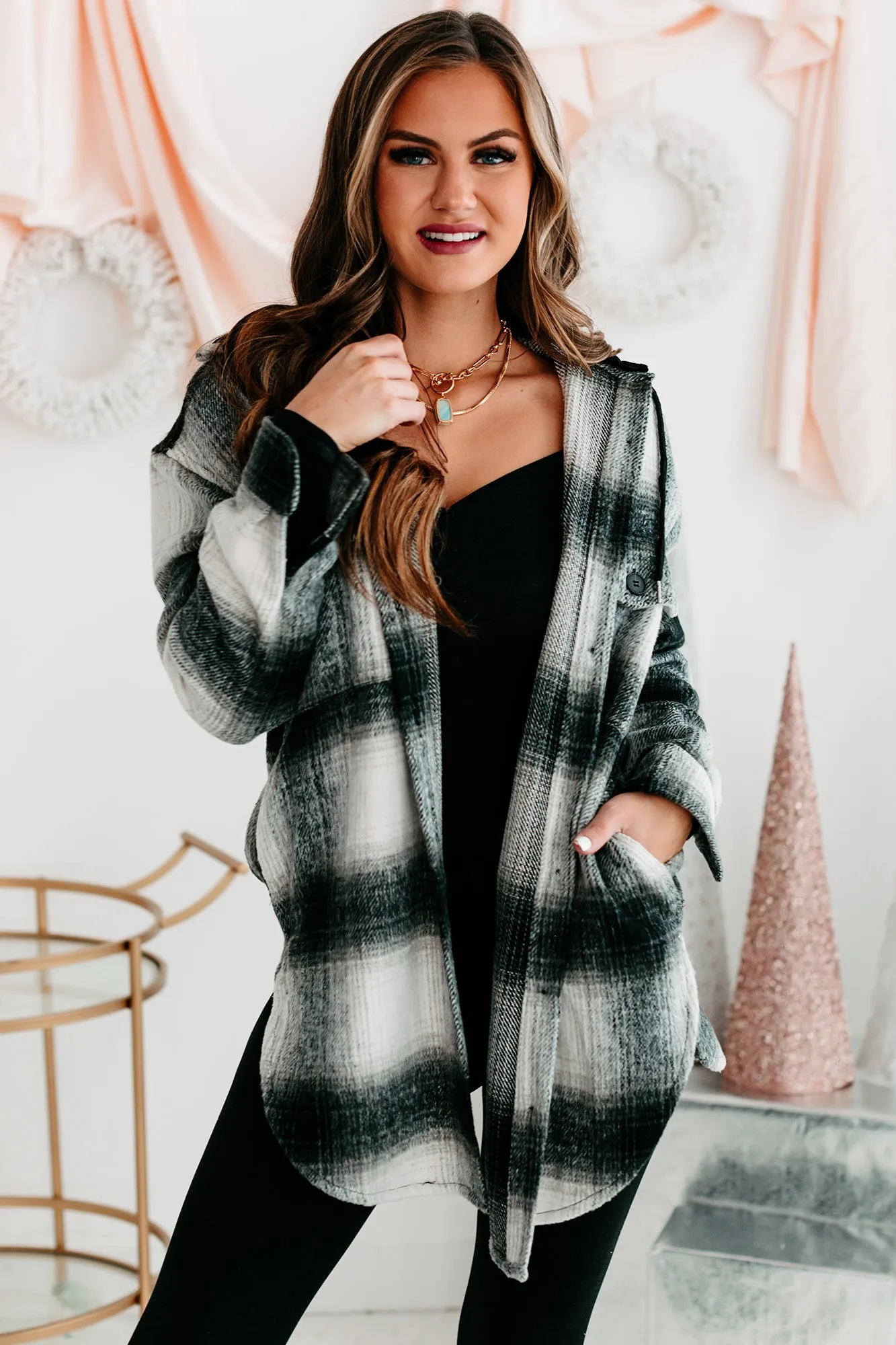 Plaid You're Mine Hooded Plaid Shacket (Black/White)