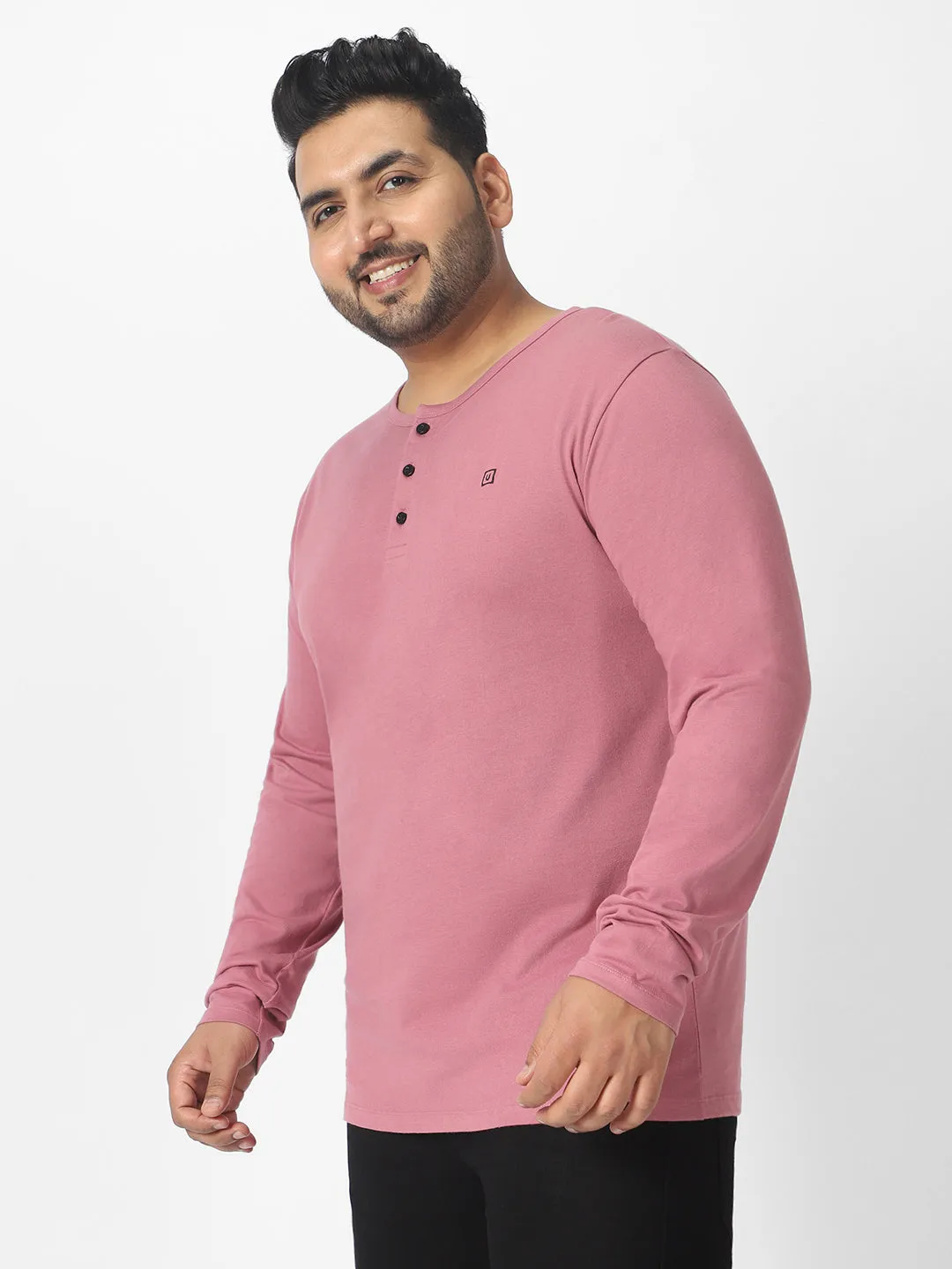 Plus Men's Lilac Solid Henley Neck Regular Fit Full Sleeve Cotton T-Shirt