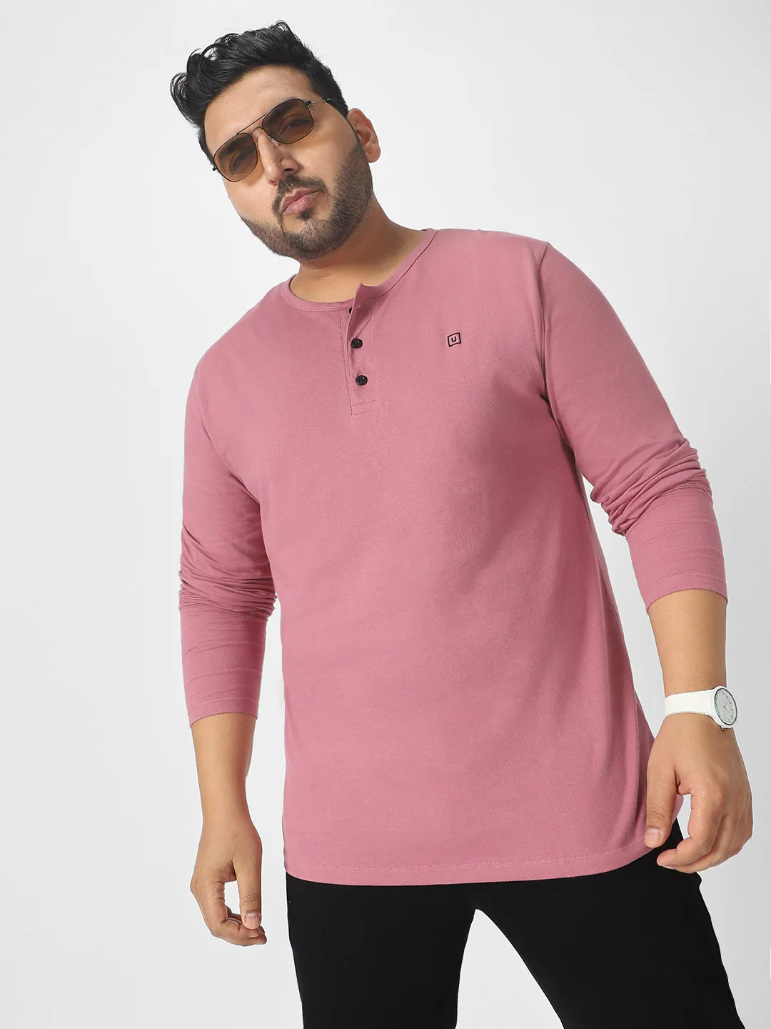 Plus Men's Lilac Solid Henley Neck Regular Fit Full Sleeve Cotton T-Shirt