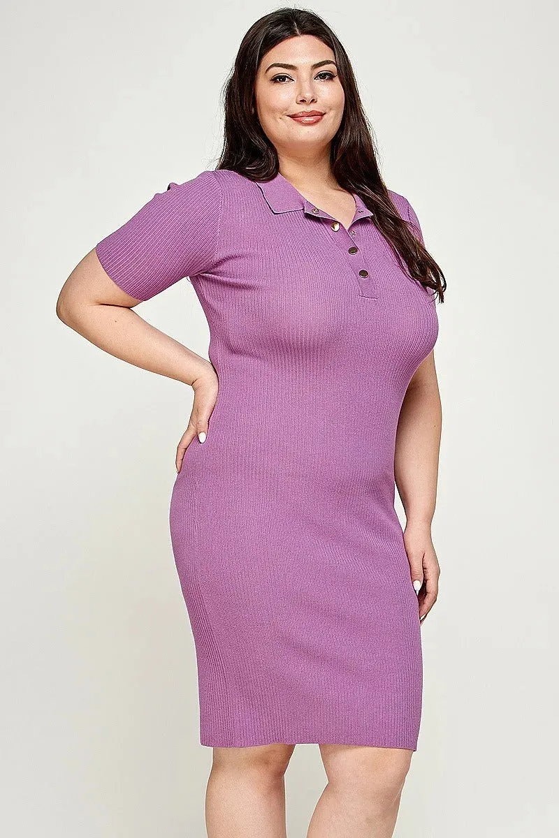 Plus size ribbed knit polo dress